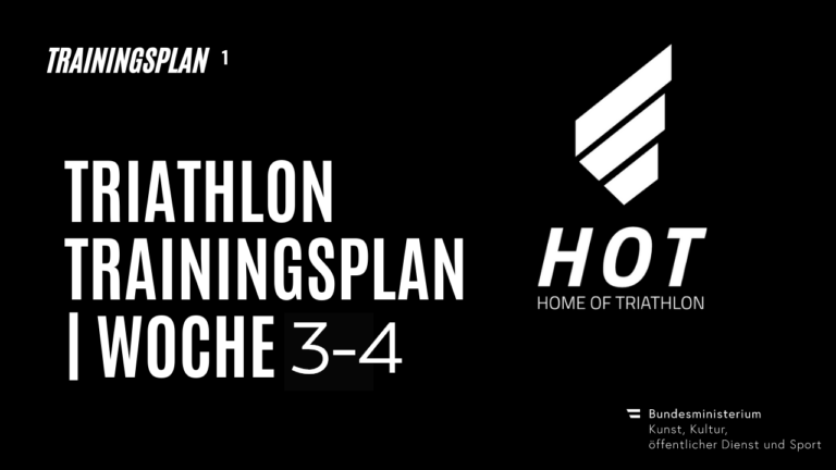 Titel "Triathlon Trainingsplan Woche 3-4" auf schwarzem Hintergund. Daneben das "HOT"-Logo.