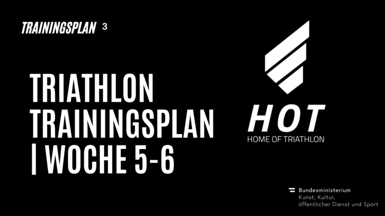 Titel "Triathlon Trainingsplan - Woche 5-6" auf schwarzem Hintergrund. Daneben das "HOT"-Logo.