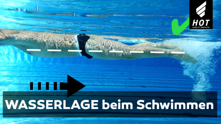 Schwimmer im Pool. Die Wasserlage des Schwimmers ist mit einer gestrichelten Linie zu sehen. Darunter der Titel des Videos "Wasserlage beim Schwimmen".
